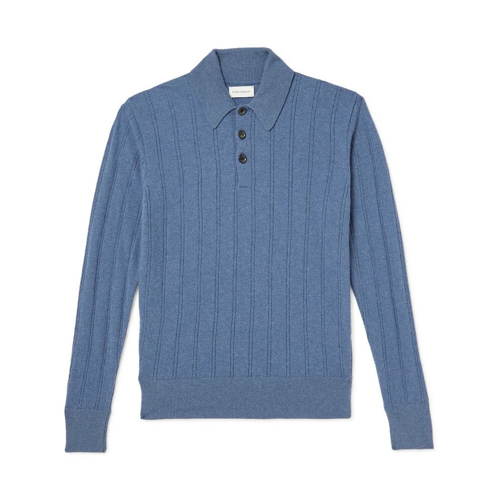 Oliver Spencer Pablo Knitted Polo Shirt Sweater Blue Fine Wool Small